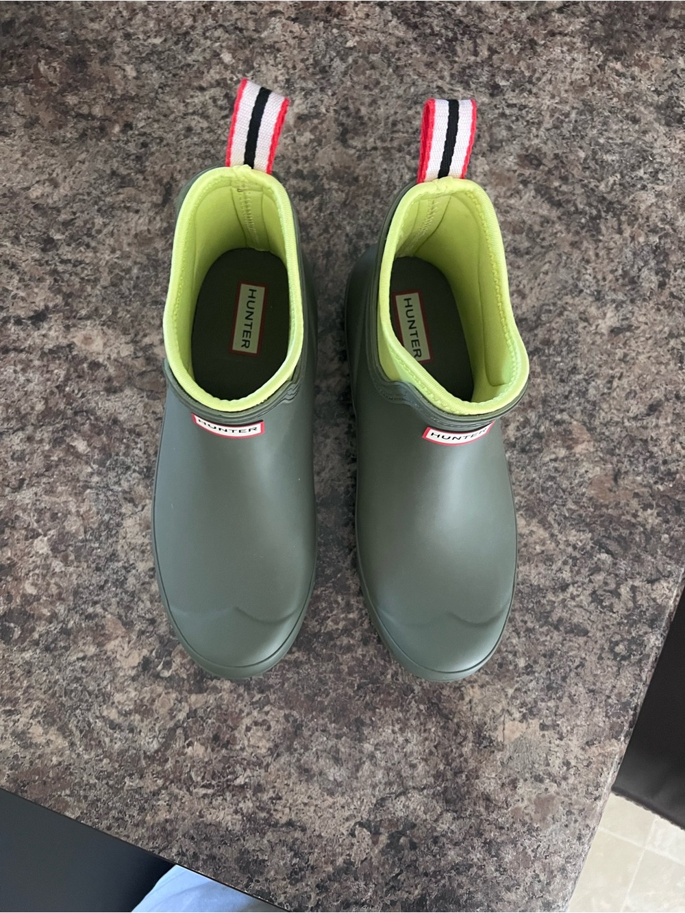 Hunter Olive Green Rain Boots with Lime Lining